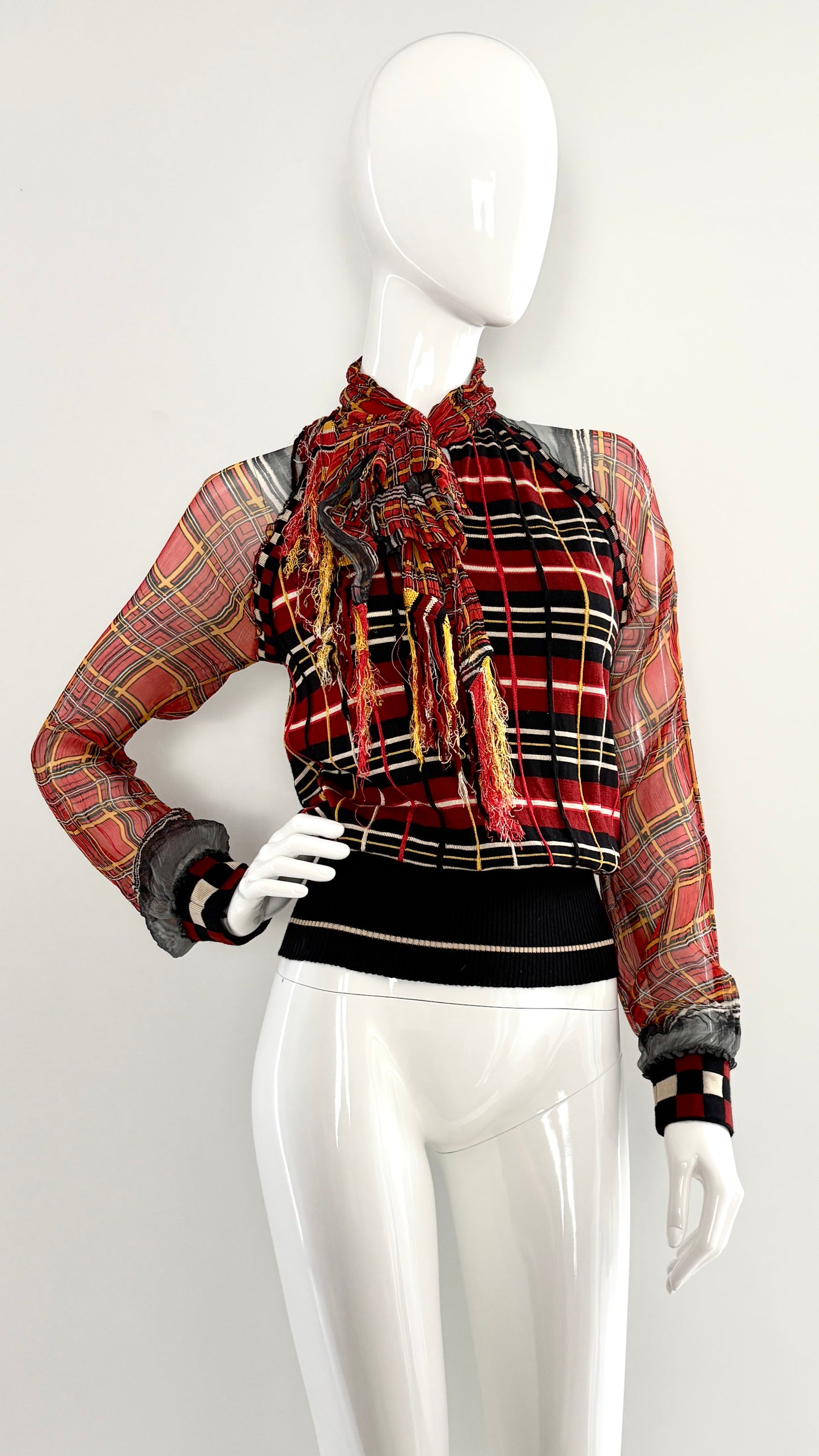 Jean Paul Gaultier tartan knit jumper with sheer sleeves and fringe scarf