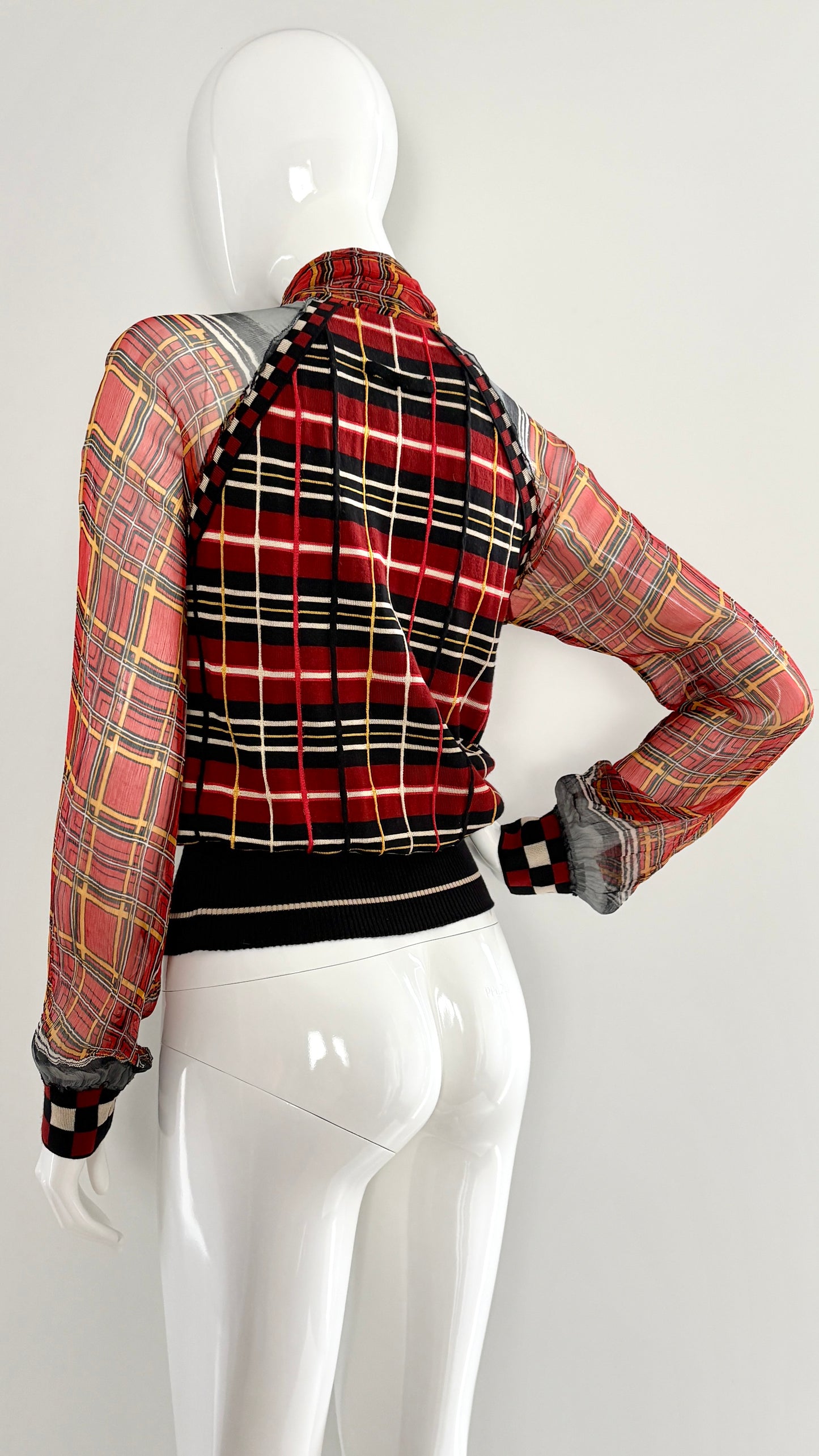 Jean Paul Gaultier tartan knit jumper with sheer sleeves and fringe scarf