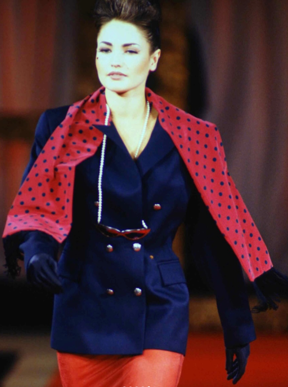 John Richmond A/W 1992 navy suit with polkadot scarf trim