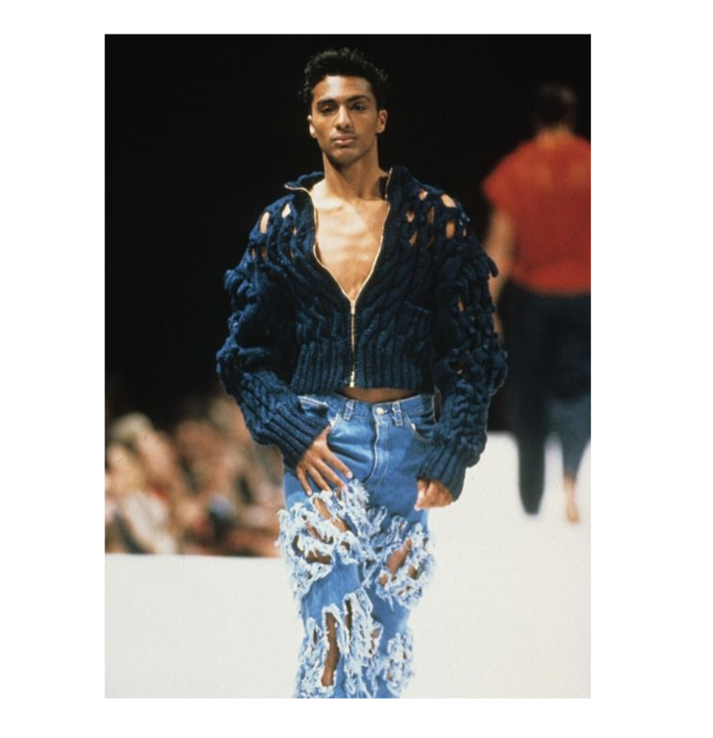 Vivienne Westwood S/S 1991 menswear cut and slash/pitti uomo chenille knitted slash jacket